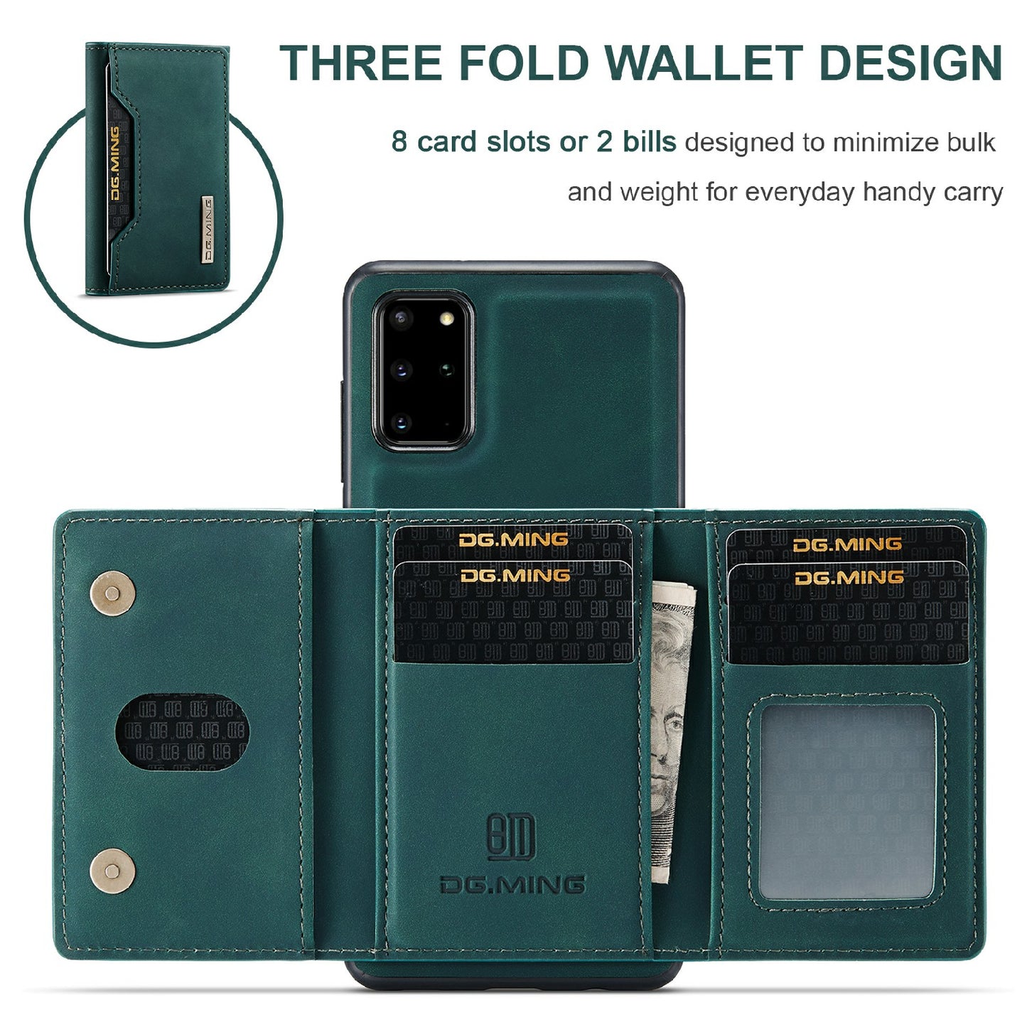 DG.MING M2 Series Anti-drop Magnetic Wallet Design with Kickstand Leather Coated Hybrid Case for Samsung Galaxy S20 Plus - Green