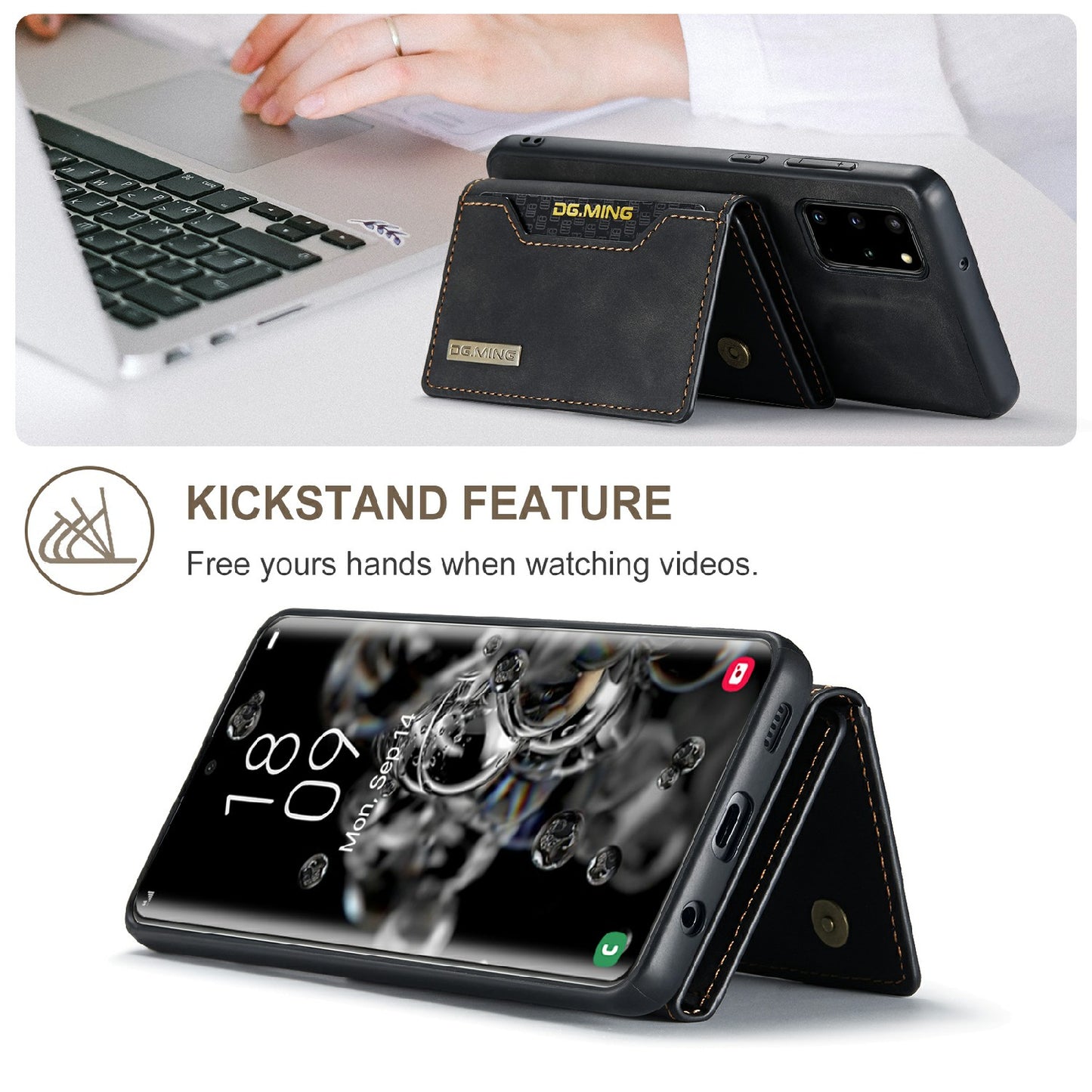 DG.MING M2 Series Anti-drop Magnetic Wallet Design with Kickstand Leather Coated Hybrid Case for Samsung Galaxy S20 Plus - Black