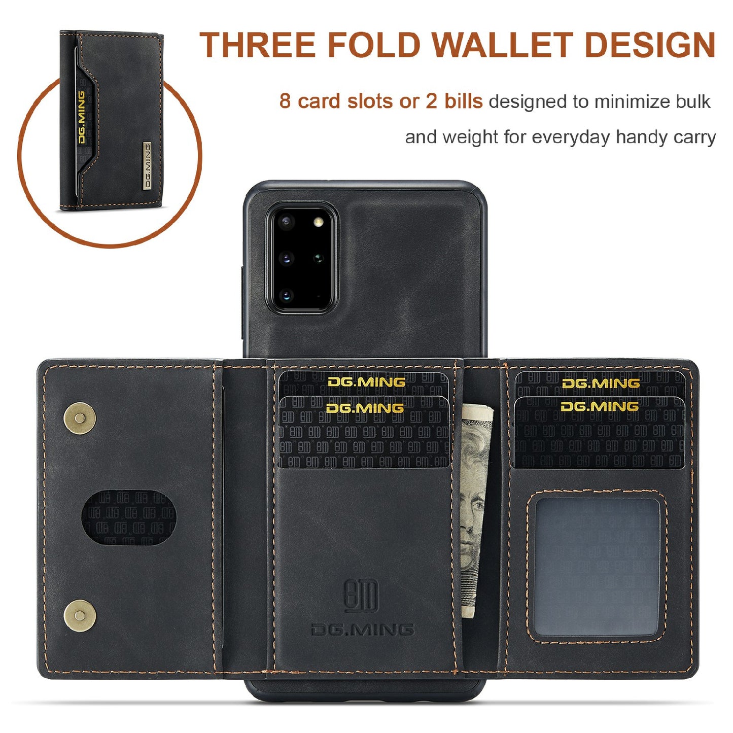 DG.MING M2 Series Anti-drop Magnetic Wallet Design with Kickstand Leather Coated Hybrid Case for Samsung Galaxy S20 Plus - Black