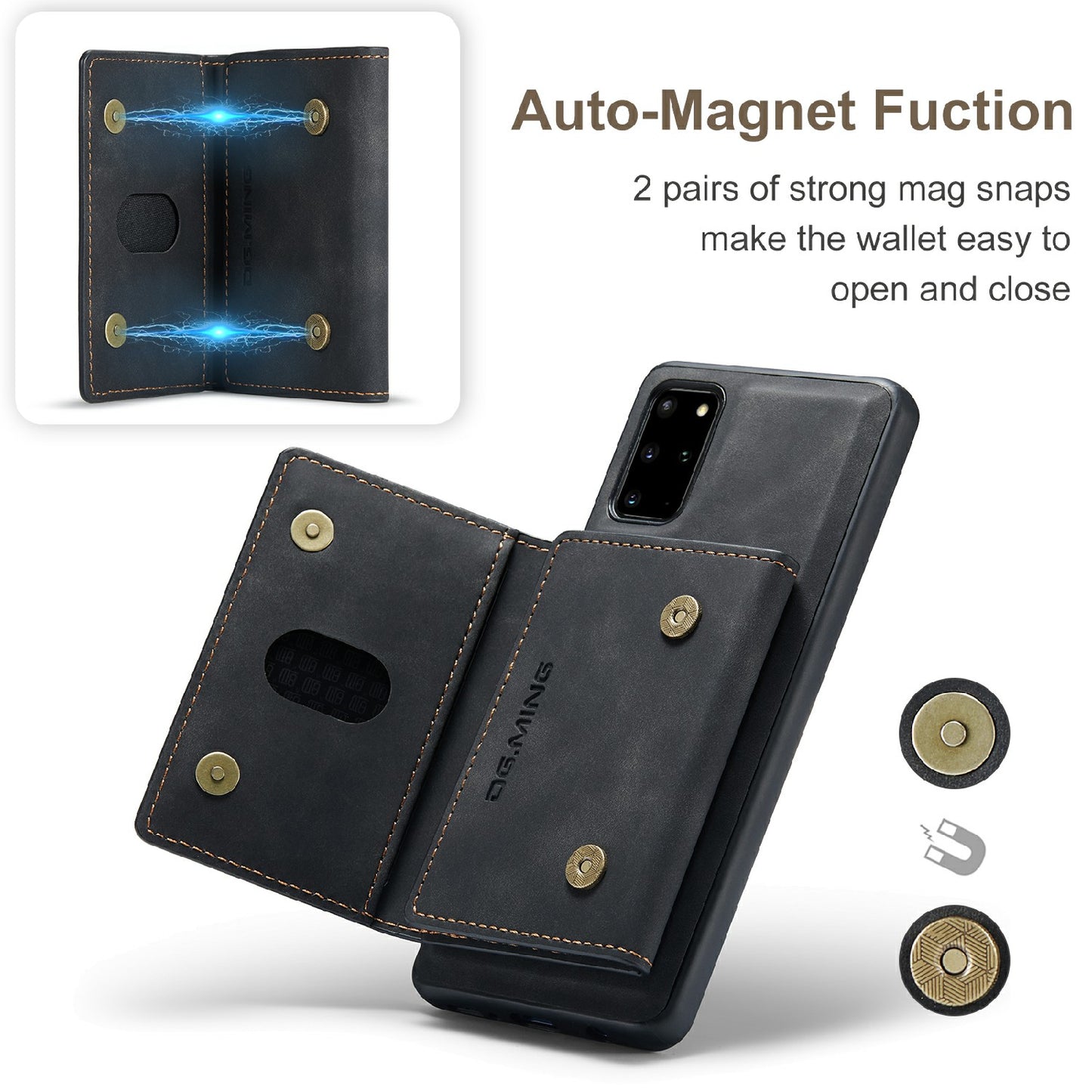 DG.MING M2 Series Anti-drop Magnetic Wallet Design with Kickstand Leather Coated Hybrid Case for Samsung Galaxy S20 Plus - Black