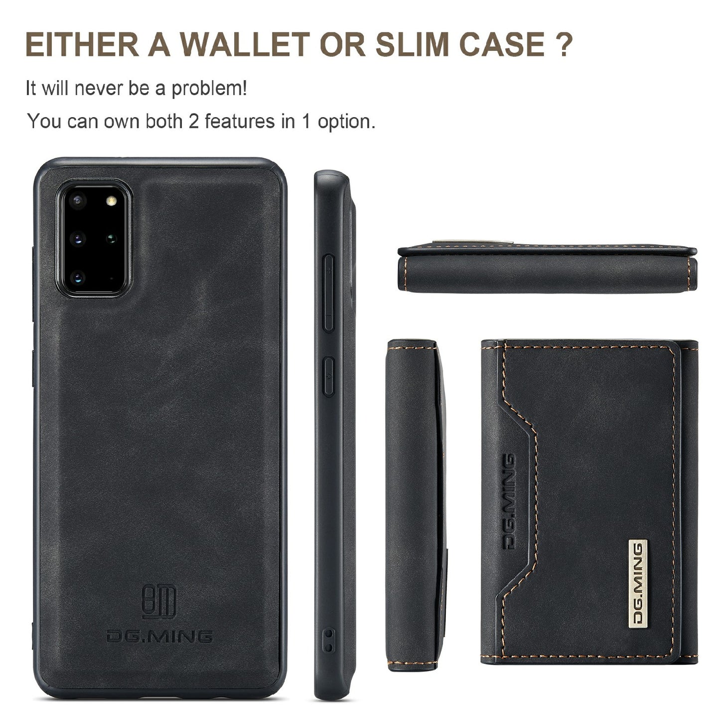 DG.MING M2 Series Anti-drop Magnetic Wallet Design with Kickstand Leather Coated Hybrid Case for Samsung Galaxy S20 Plus - Black