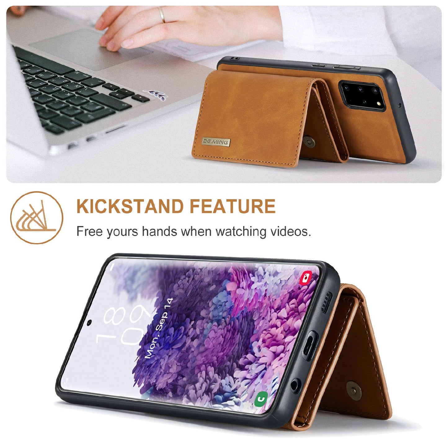 DG.MING M1 Series Magnetic Wallet Design Leather Coated Hybrid Phone Shell with Kickstand for Samsung Galaxy S20 Plus - Brown