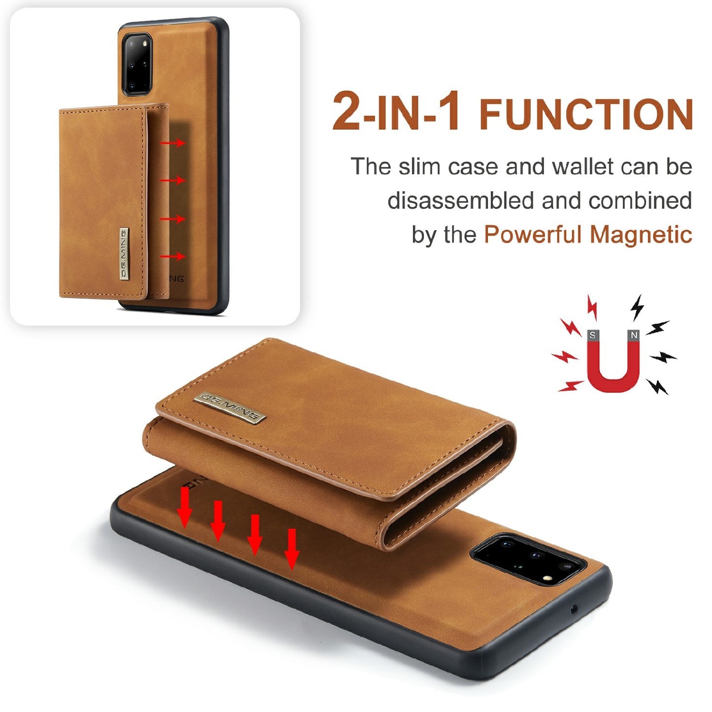 DG.MING M1 Series Magnetic Wallet Design Leather Coated Hybrid Phone Shell with Kickstand for Samsung Galaxy S20 Plus - Brown