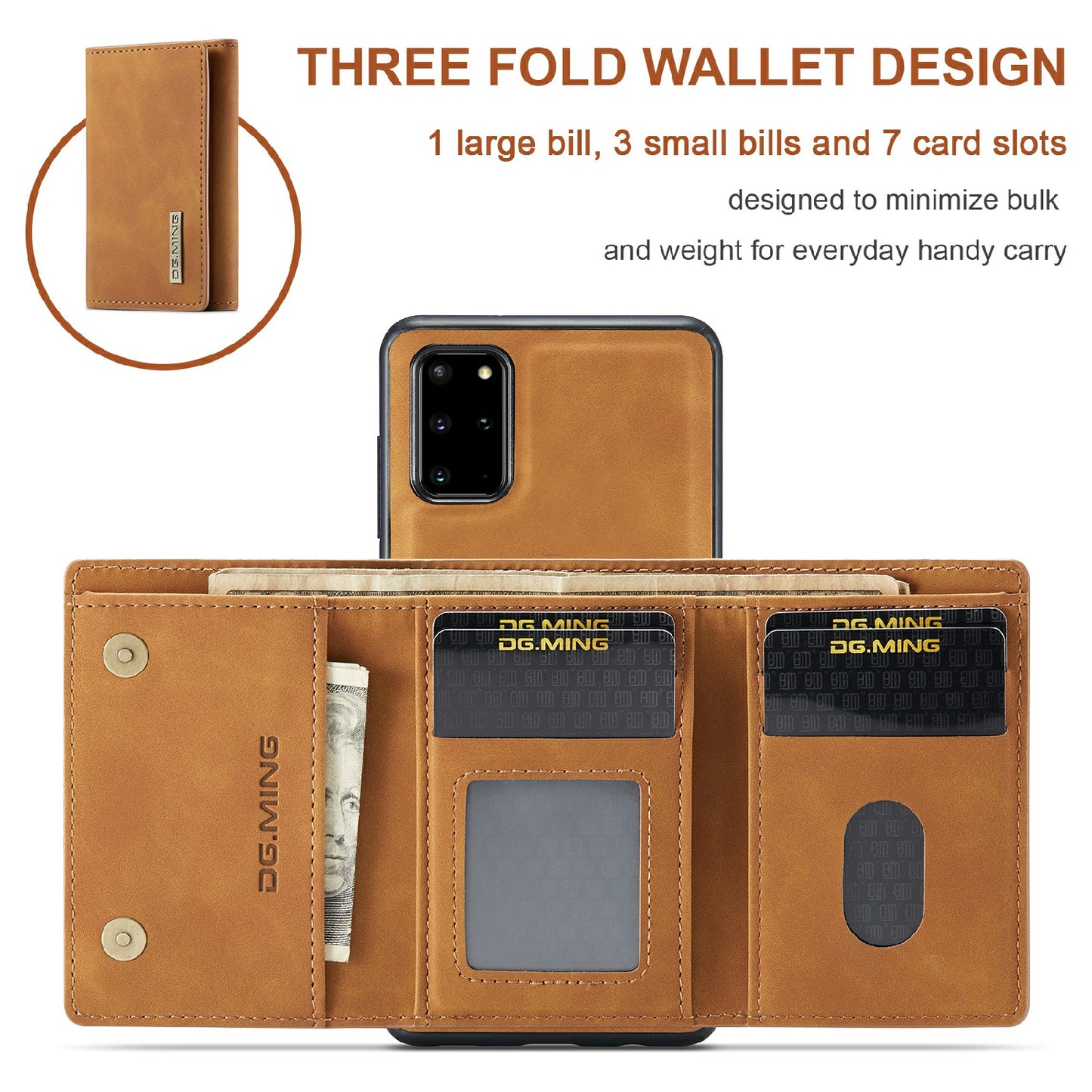 DG.MING M1 Series Magnetic Wallet Design Leather Coated Hybrid Phone Shell with Kickstand for Samsung Galaxy S20 Plus - Brown