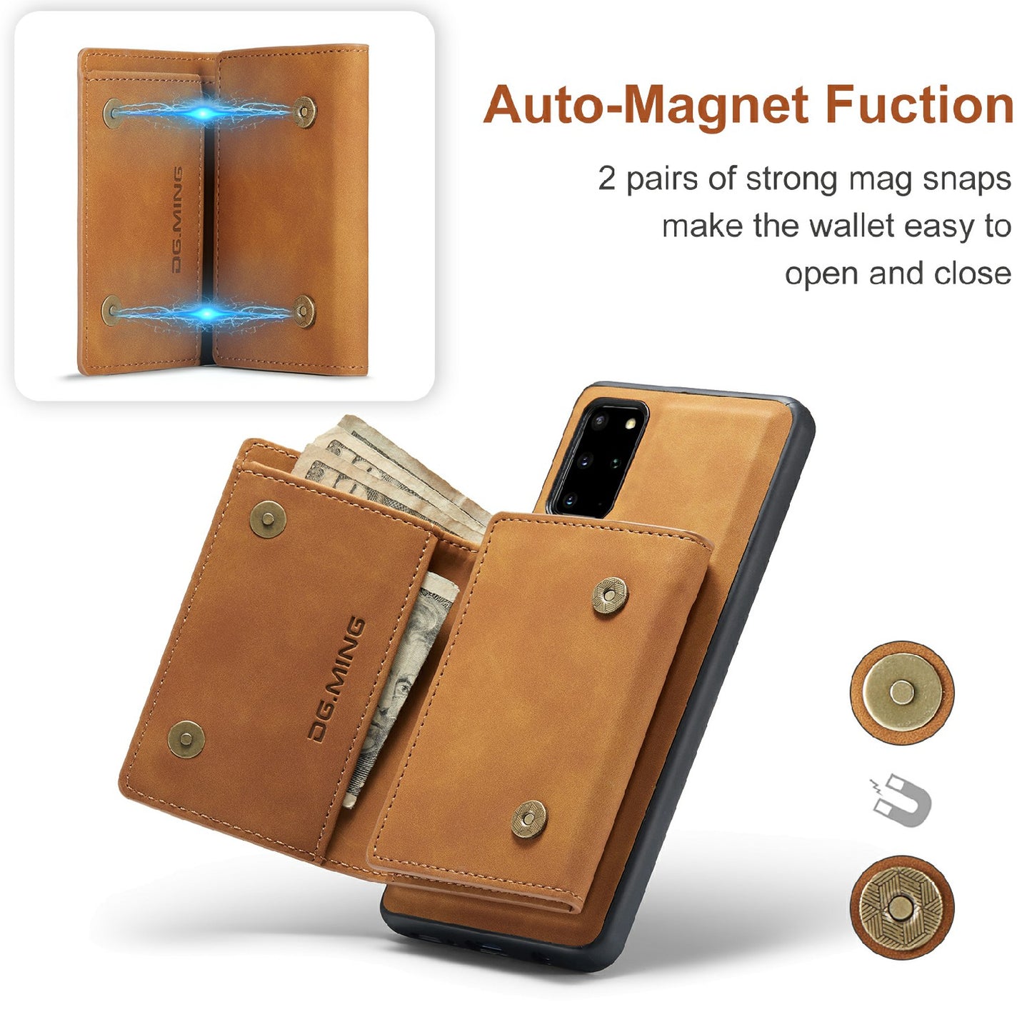 DG.MING M1 Series Magnetic Wallet Design Leather Coated Hybrid Phone Shell with Kickstand for Samsung Galaxy S20 Plus - Brown