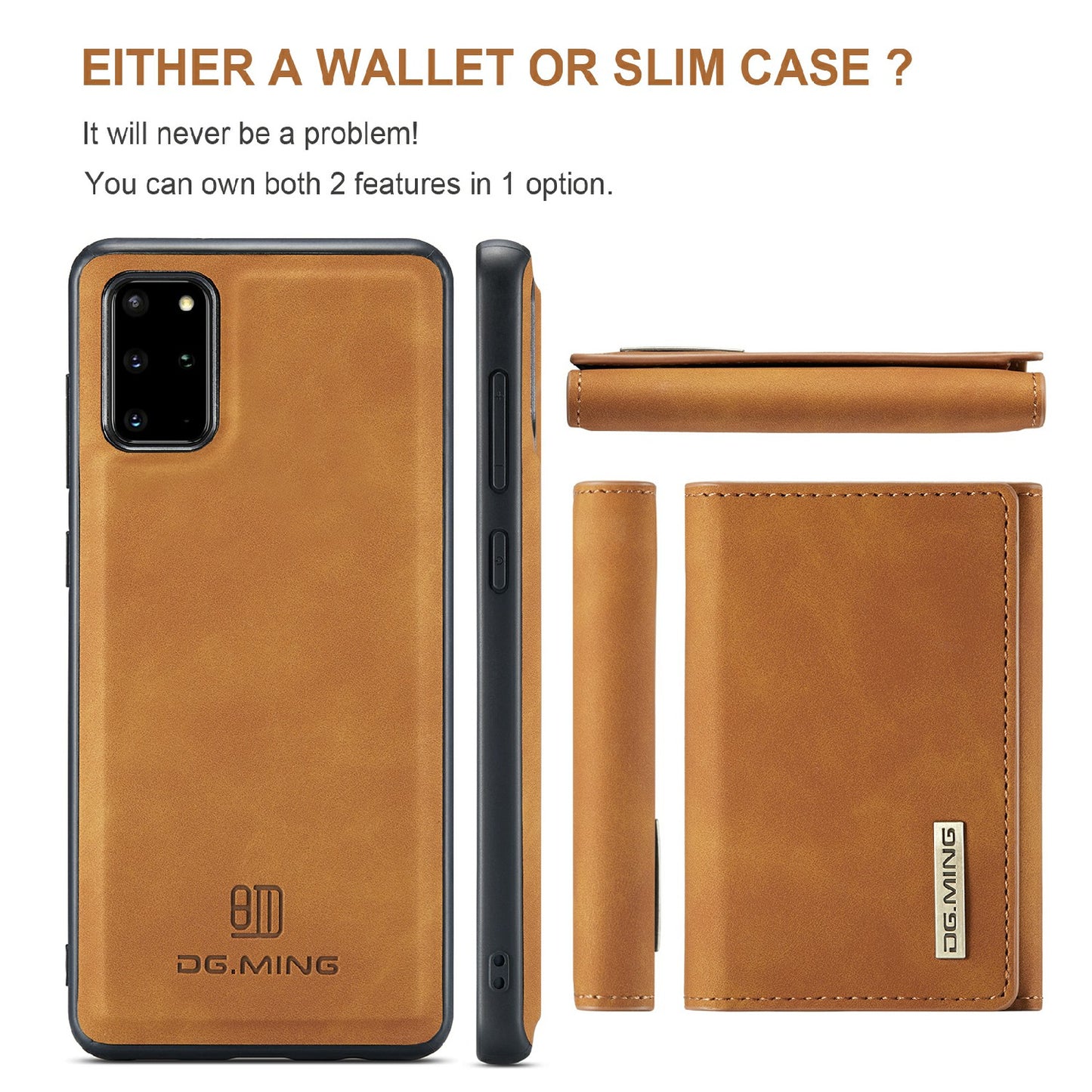 DG.MING M1 Series Magnetic Wallet Design Leather Coated Hybrid Phone Shell with Kickstand for Samsung Galaxy S20 Plus - Brown