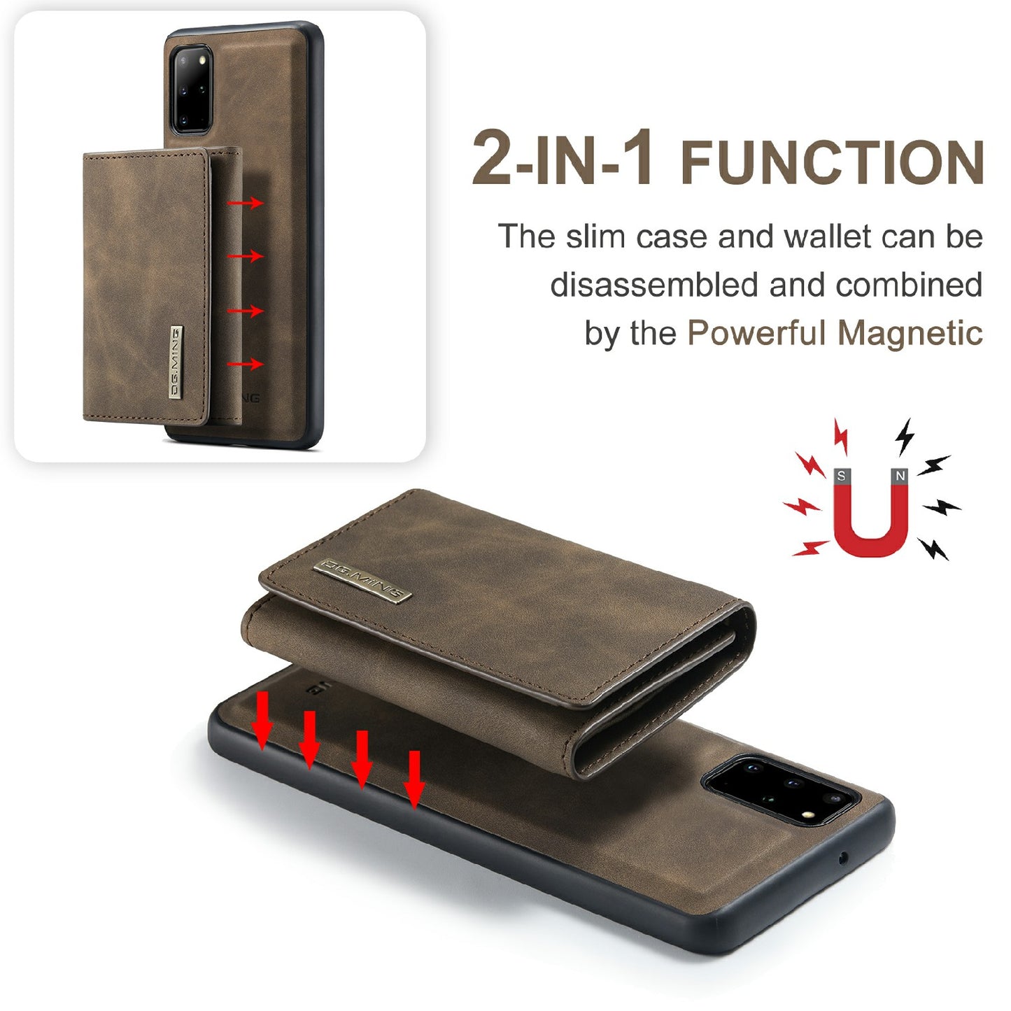 DG.MING M1 Series Magnetic Wallet Design Leather Coated Hybrid Phone Shell with Kickstand for Samsung Galaxy S20 Plus - Coffee