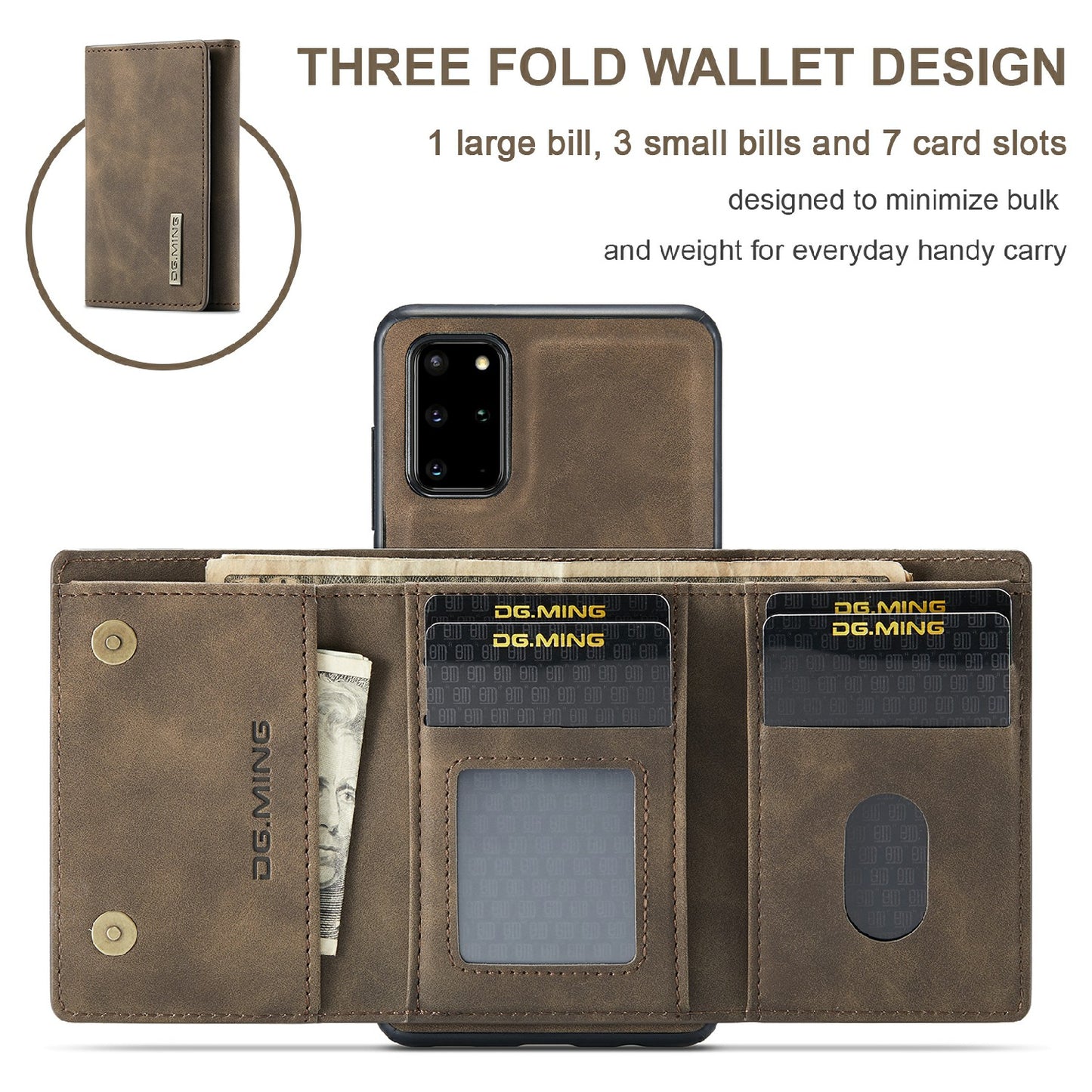 DG.MING M1 Series Magnetic Wallet Design Leather Coated Hybrid Phone Shell with Kickstand for Samsung Galaxy S20 Plus - Coffee