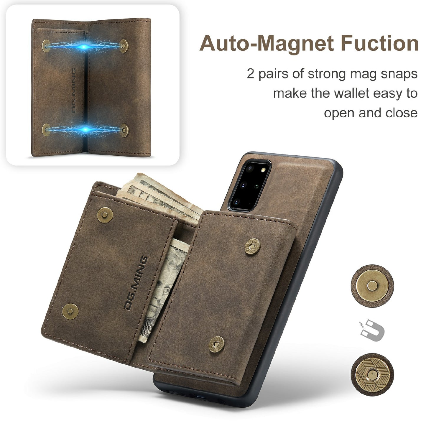 DG.MING M1 Series Magnetic Wallet Design Leather Coated Hybrid Phone Shell with Kickstand for Samsung Galaxy S20 Plus - Coffee