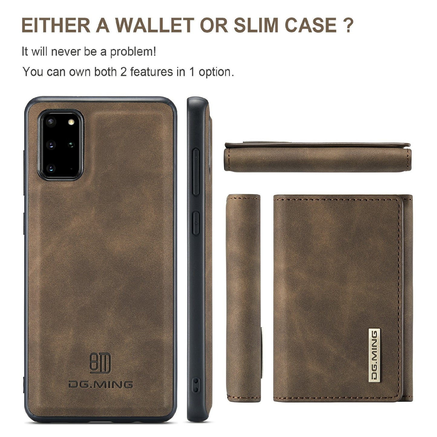 DG.MING M1 Series Magnetic Wallet Design Leather Coated Hybrid Phone Shell with Kickstand for Samsung Galaxy S20 Plus - Coffee