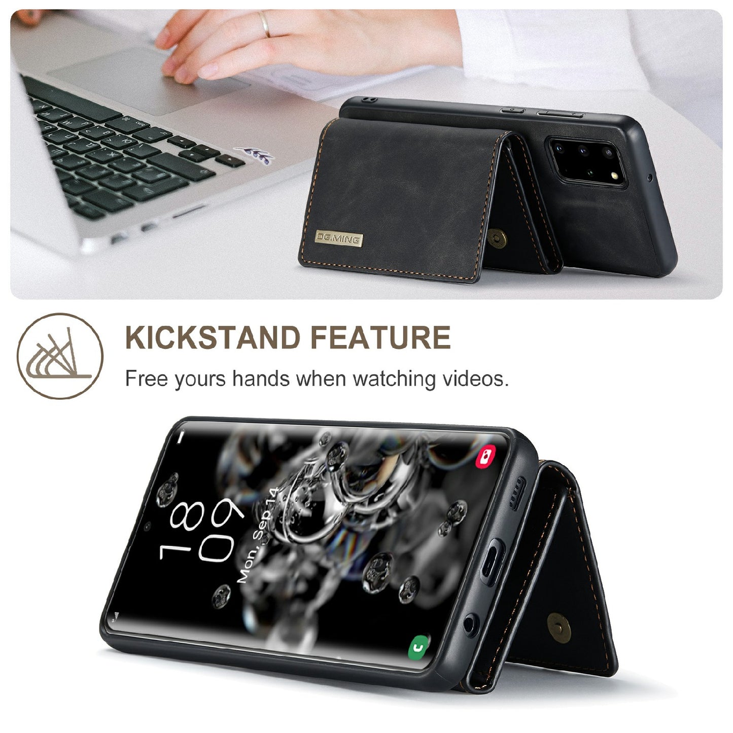 DG.MING M1 Series Magnetic Wallet Design Leather Coated Hybrid Phone Shell with Kickstand for Samsung Galaxy S20 Plus - Black