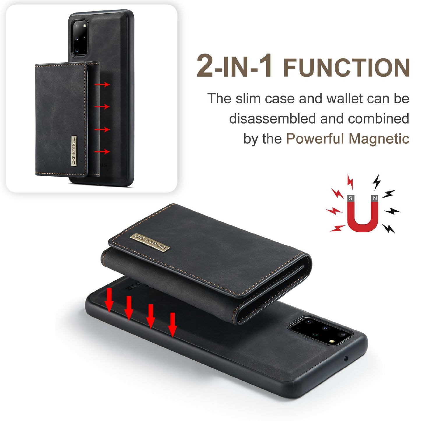 DG.MING M1 Series Magnetic Wallet Design Leather Coated Hybrid Phone Shell with Kickstand for Samsung Galaxy S20 Plus - Black