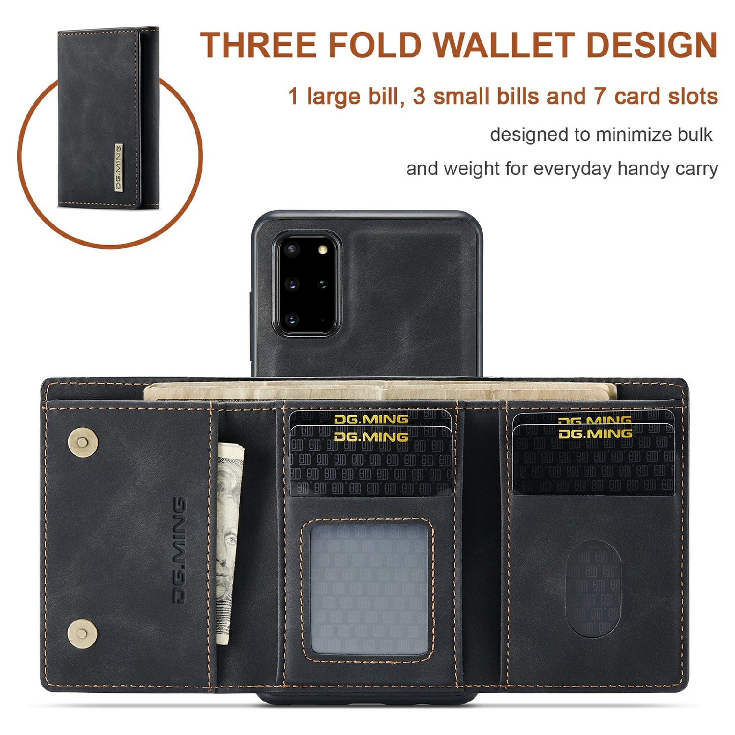 DG.MING M1 Series Magnetic Wallet Design Leather Coated Hybrid Phone Shell with Kickstand for Samsung Galaxy S20 Plus - Black