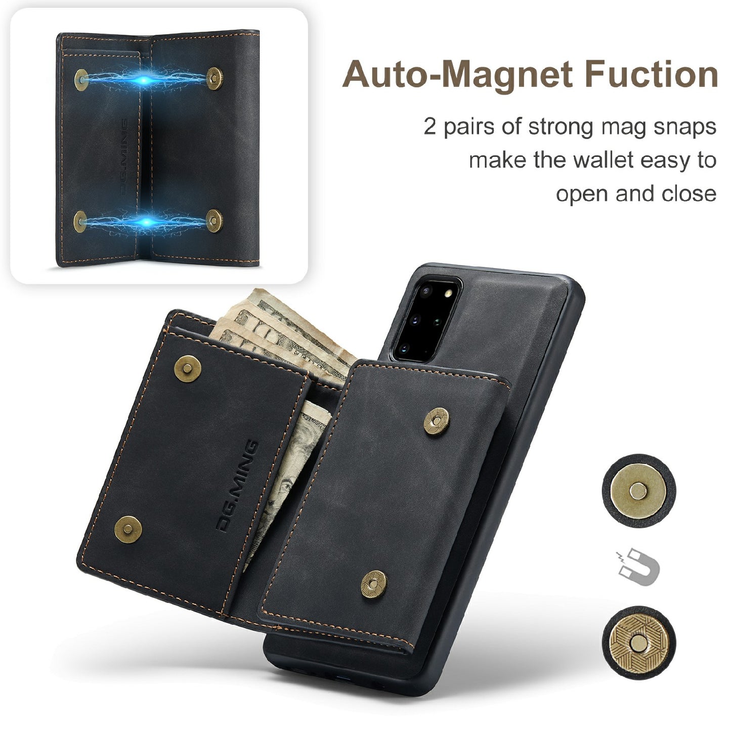 DG.MING M1 Series Magnetic Wallet Design Leather Coated Hybrid Phone Shell with Kickstand for Samsung Galaxy S20 Plus - Black