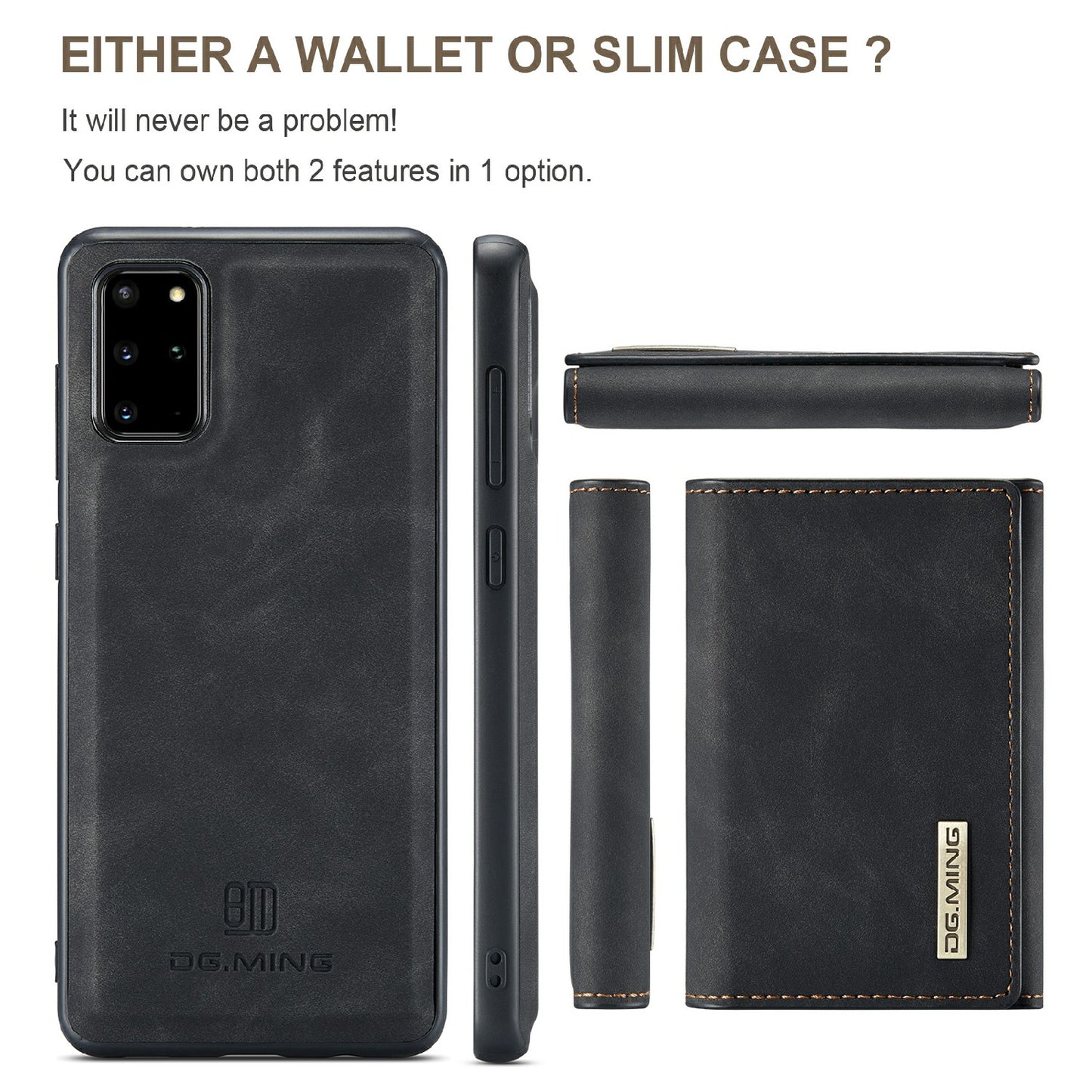 DG.MING M1 Series Magnetic Wallet Design Leather Coated Hybrid Phone Shell with Kickstand for Samsung Galaxy S20 Plus - Black