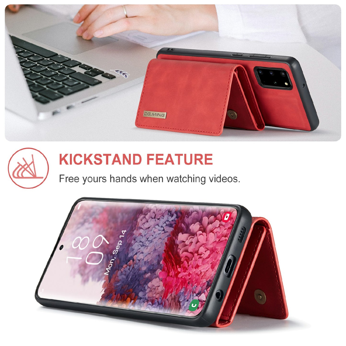 DG.MING M1 Series Magnetic Wallet Design Leather Coated Hybrid Phone Shell with Kickstand for Samsung Galaxy S20 Plus - Red