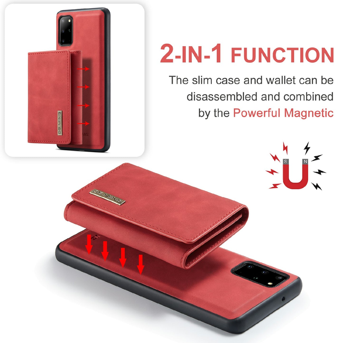 DG.MING M1 Series Magnetic Wallet Design Leather Coated Hybrid Phone Shell with Kickstand for Samsung Galaxy S20 Plus - Red