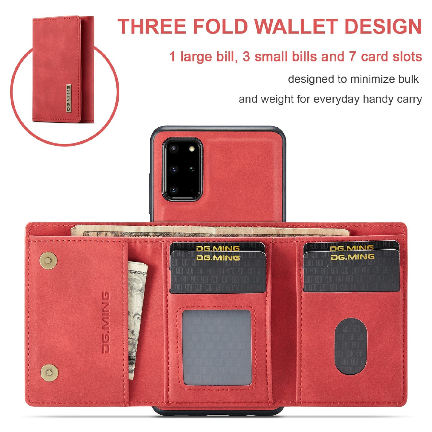 DG.MING M1 Series Magnetic Wallet Design Leather Coated Hybrid Phone Shell with Kickstand for Samsung Galaxy S20 Plus - Red