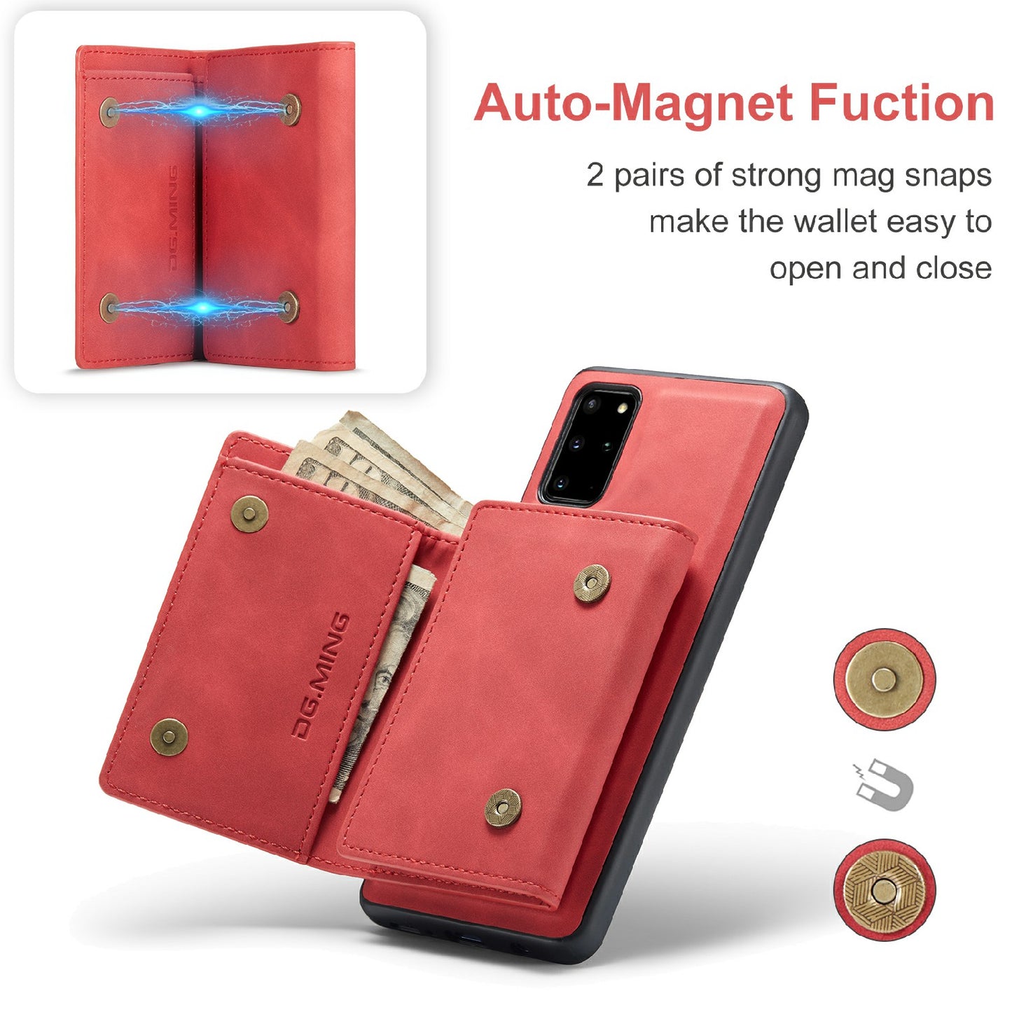 DG.MING M1 Series Magnetic Wallet Design Leather Coated Hybrid Phone Shell with Kickstand for Samsung Galaxy S20 Plus - Red