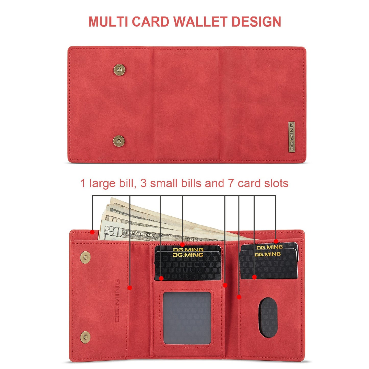 DG.MING M1 Series Magnetic Wallet Design Leather Coated Hybrid Phone Shell with Kickstand for Samsung Galaxy S20 Plus - Red