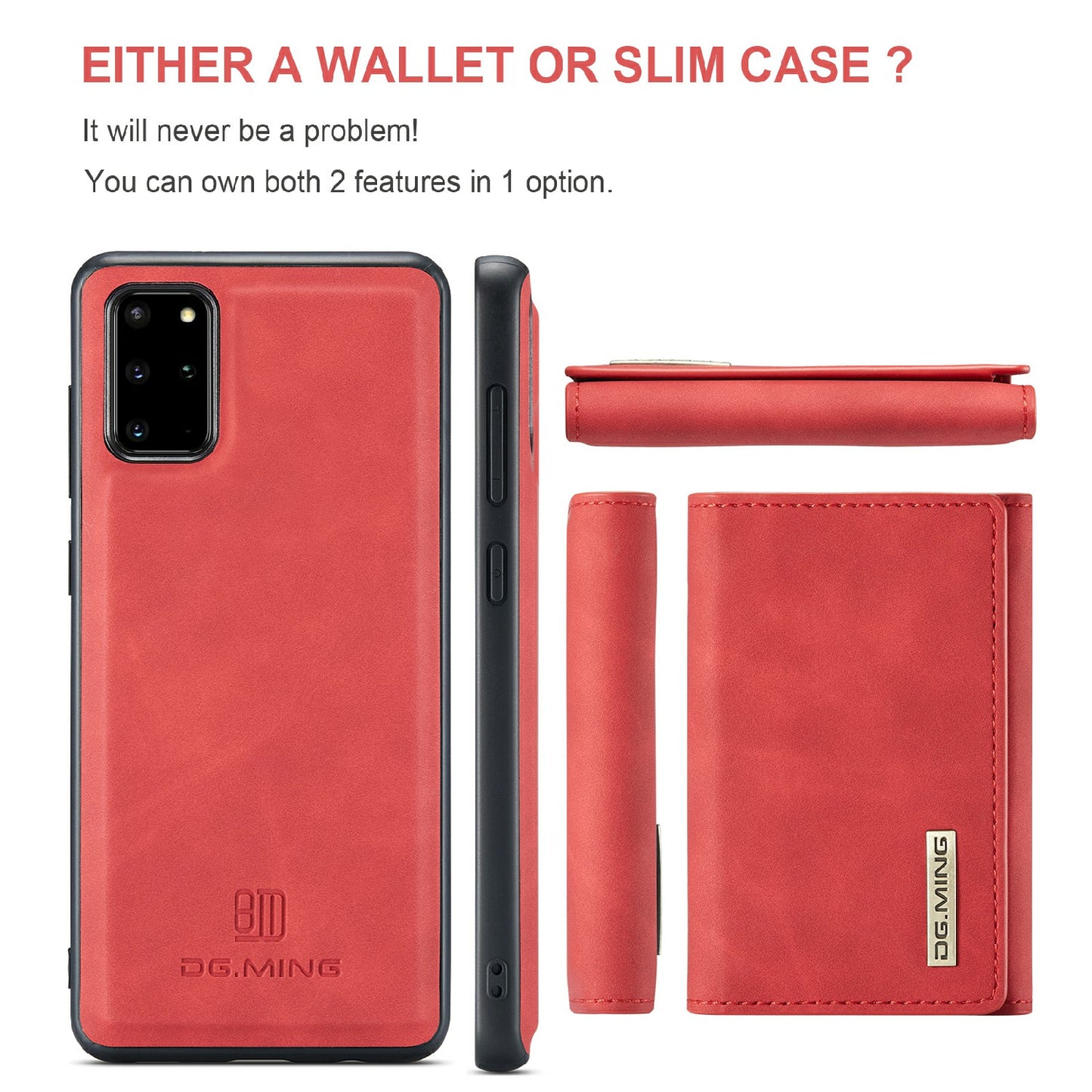 DG.MING M1 Series Magnetic Wallet Design Leather Coated Hybrid Phone Shell with Kickstand for Samsung Galaxy S20 Plus - Red