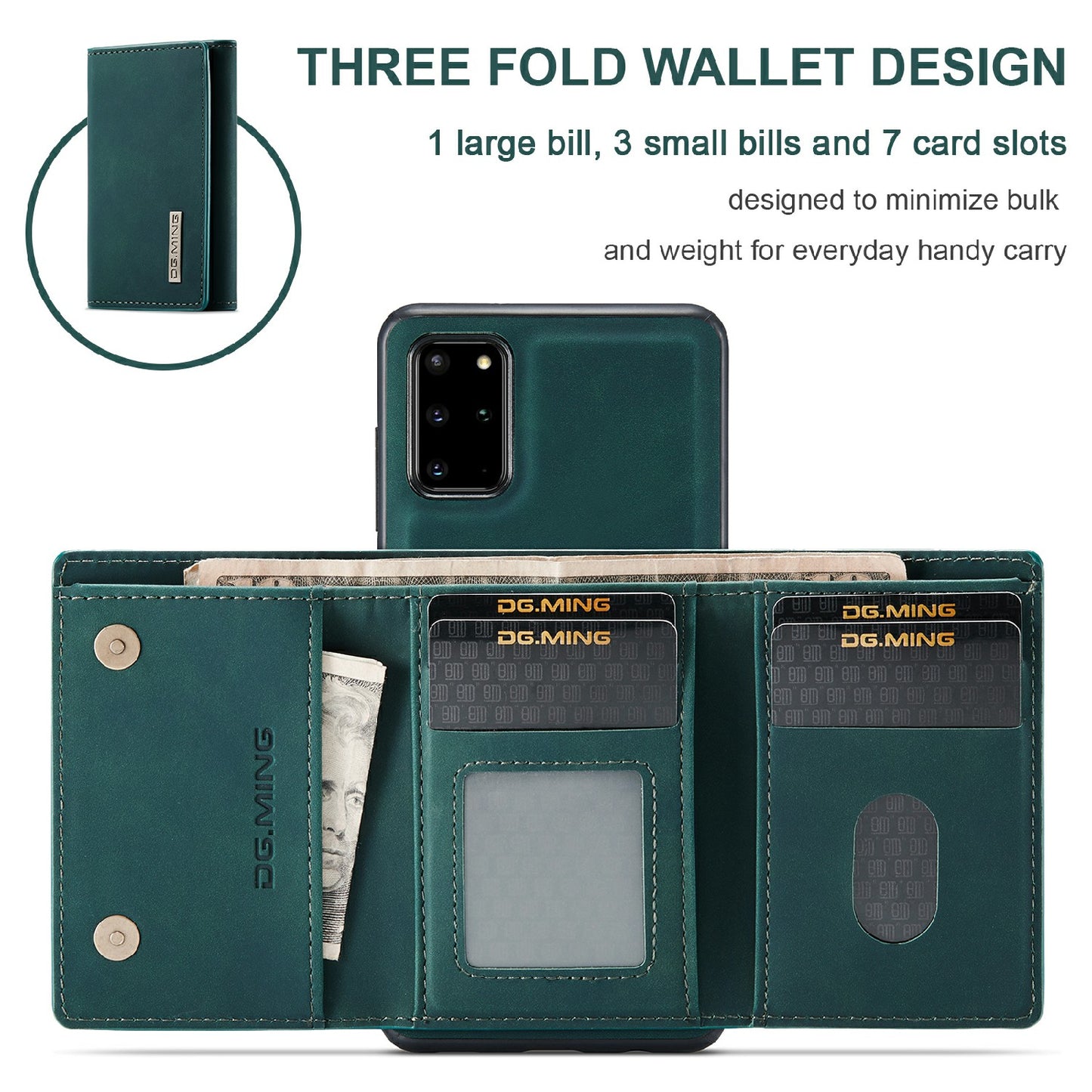 DG.MING M1 Series Magnetic Wallet Design Leather Coated Hybrid Phone Shell with Kickstand for Samsung Galaxy S20 Plus - Green