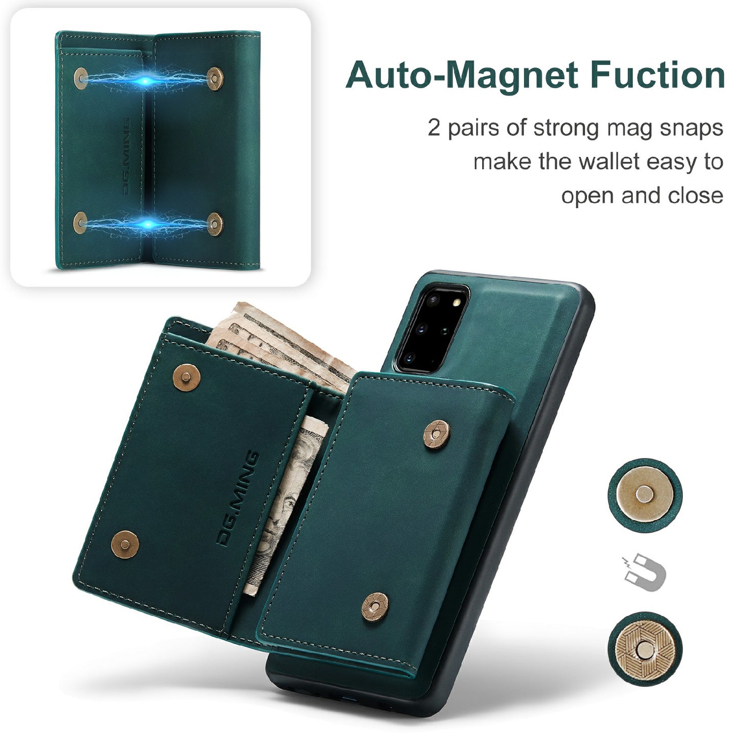 DG.MING M1 Series Magnetic Wallet Design Leather Coated Hybrid Phone Shell with Kickstand for Samsung Galaxy S20 Plus - Green