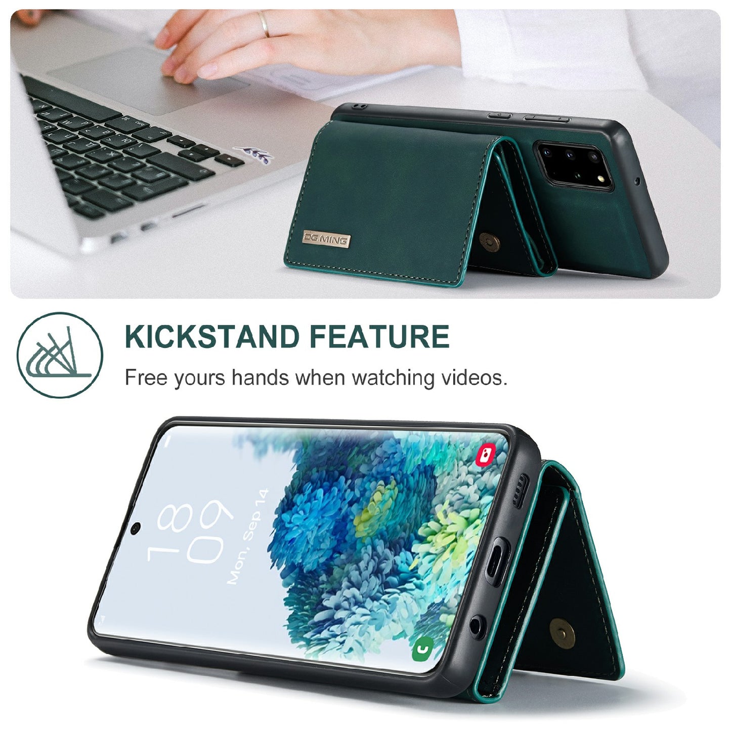 DG.MING M1 Series Magnetic Wallet Design Leather Coated Hybrid Phone Shell with Kickstand for Samsung Galaxy S20 Plus - Green