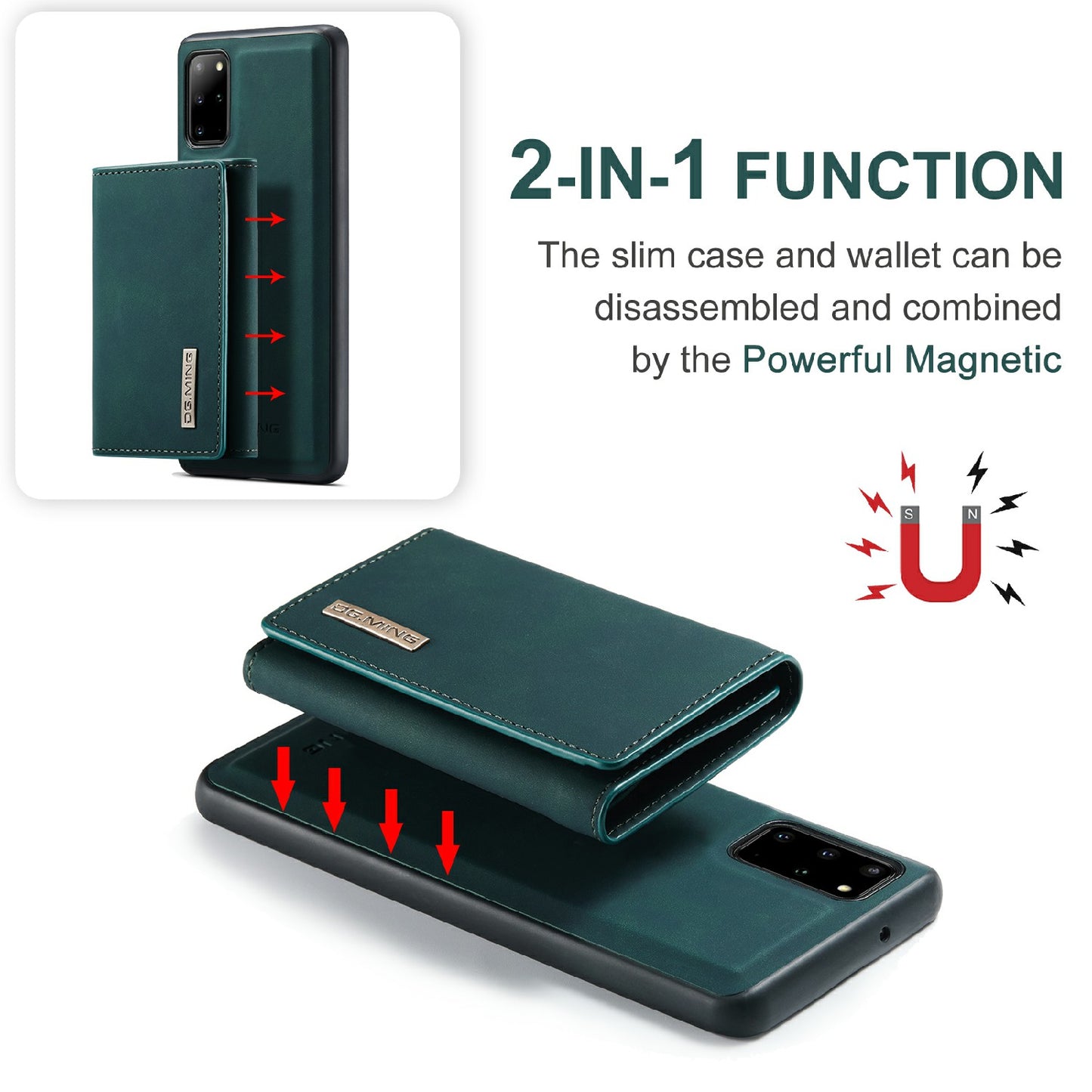DG.MING M1 Series Magnetic Wallet Design Leather Coated Hybrid Phone Shell with Kickstand for Samsung Galaxy S20 Plus - Green