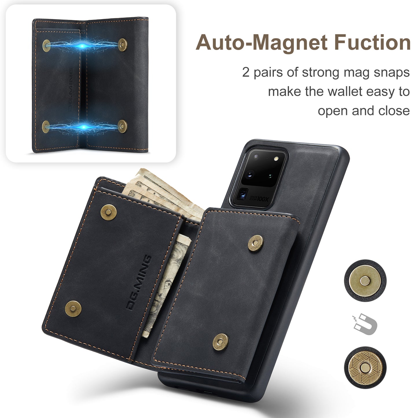 DG.MING M1 Series Magnetic Detachable 2-in-1 Leather Coated TPU + PC Hybrid Cover Shell with Wallet Kickstand for Samsung Galaxy S20 Ultra - Black