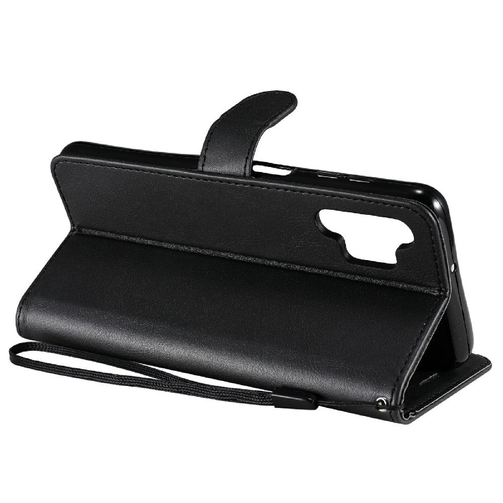 For Samsung Galaxy A32 5G / M32 5G Case Solid Color Leather Mobile Cover Wallet Stand with Strap - Black