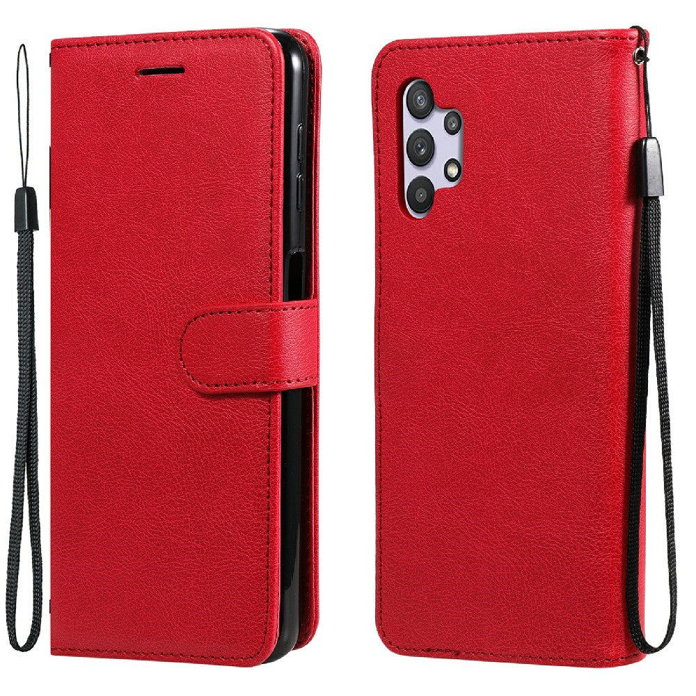 For Samsung Galaxy A32 5G / M32 5G Case Solid Color Leather Mobile Cover Wallet Stand with Strap - Red