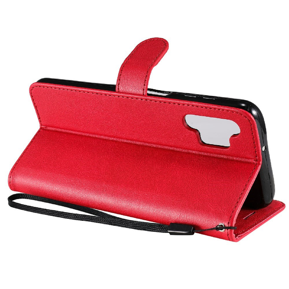 For Samsung Galaxy A32 5G / M32 5G Case Solid Color Leather Mobile Cover Wallet Stand with Strap - Red