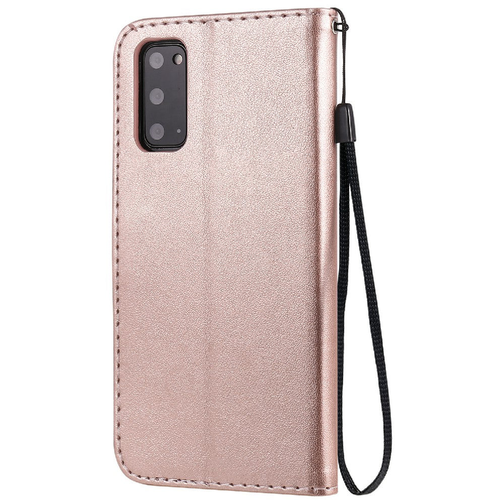 KT Imprinting Flower Series-4 Cat and Bee Pattern Imprinted Protective Cover with Stand Leather Wallet Case for Samsung Galaxy S20 4G/S20 5G - Rose Gold