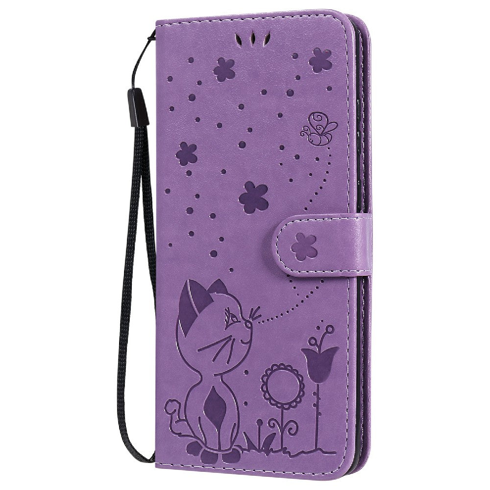 KT Imprinting Flower Series-4 Cat and Bee Pattern Imprinted Protective Cover Stand Wallet Leather Case for Samsung Galaxy S20 Plus 4G/5G - Purple