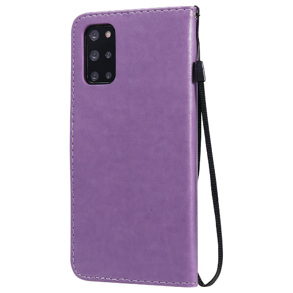 KT Imprinting Flower Series-4 Cat and Bee Pattern Imprinted Protective Cover Stand Wallet Leather Case for Samsung Galaxy S20 Plus 4G/5G - Purple