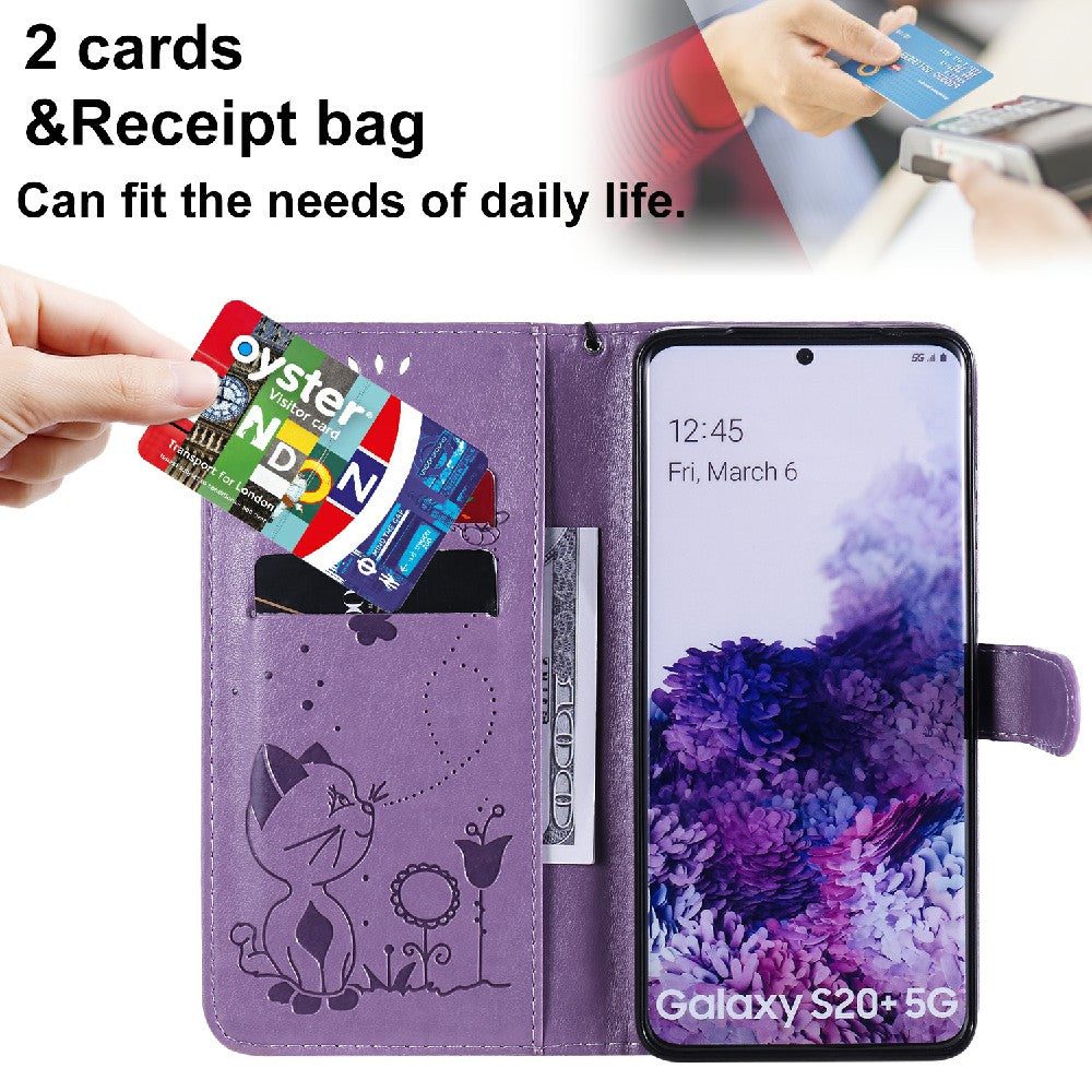 KT Imprinting Flower Series-4 Cat and Bee Pattern Imprinted Protective Cover Stand Wallet Leather Case for Samsung Galaxy S20 Plus 4G/5G - Purple