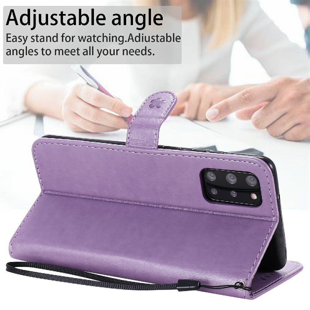 KT Imprinting Flower Series-4 Cat and Bee Pattern Imprinted Protective Cover Stand Wallet Leather Case for Samsung Galaxy S20 Plus 4G/5G - Purple