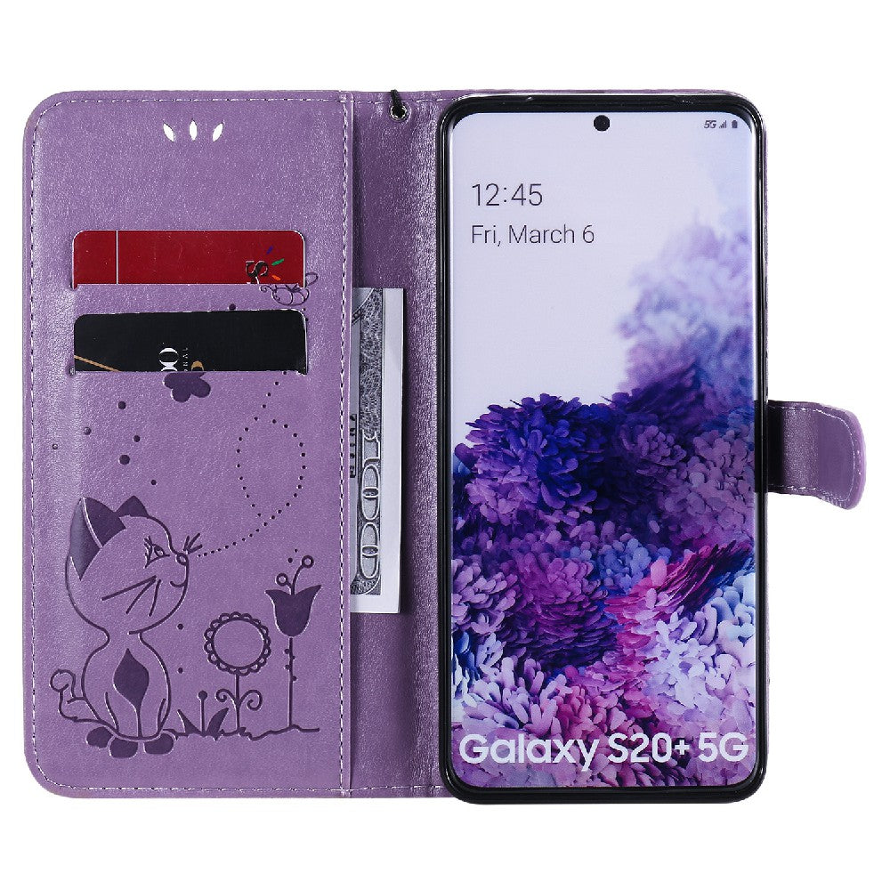 KT Imprinting Flower Series-4 Cat and Bee Pattern Imprinted Protective Cover Stand Wallet Leather Case for Samsung Galaxy S20 Plus 4G/5G - Purple