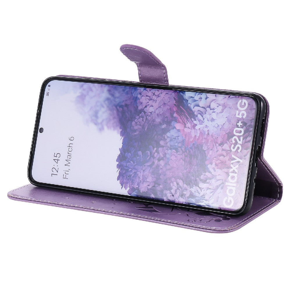 KT Imprinting Flower Series-4 Cat and Bee Pattern Imprinted Protective Cover Stand Wallet Leather Case for Samsung Galaxy S20 Plus 4G/5G - Purple