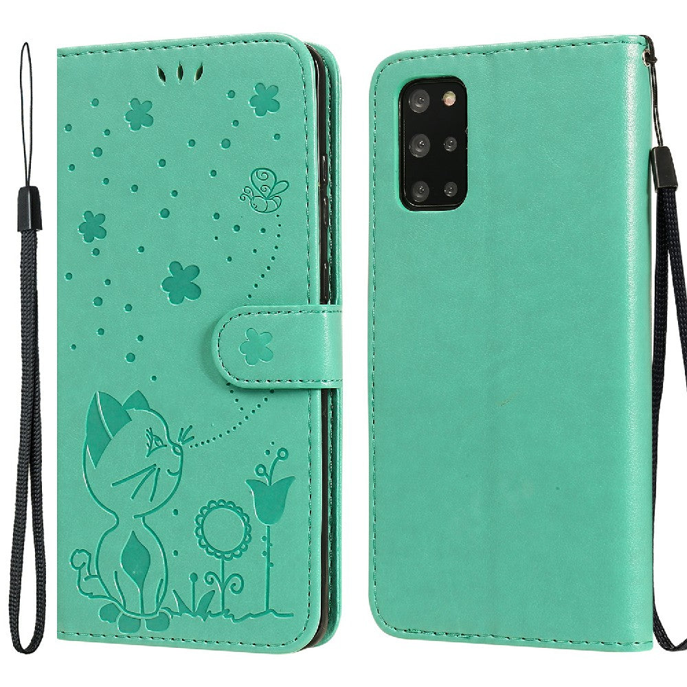 KT Imprinting Flower Series-4 Cat and Bee Pattern Imprinted Protective Cover Stand Wallet Leather Case for Samsung Galaxy S20 Plus 4G/5G - Green