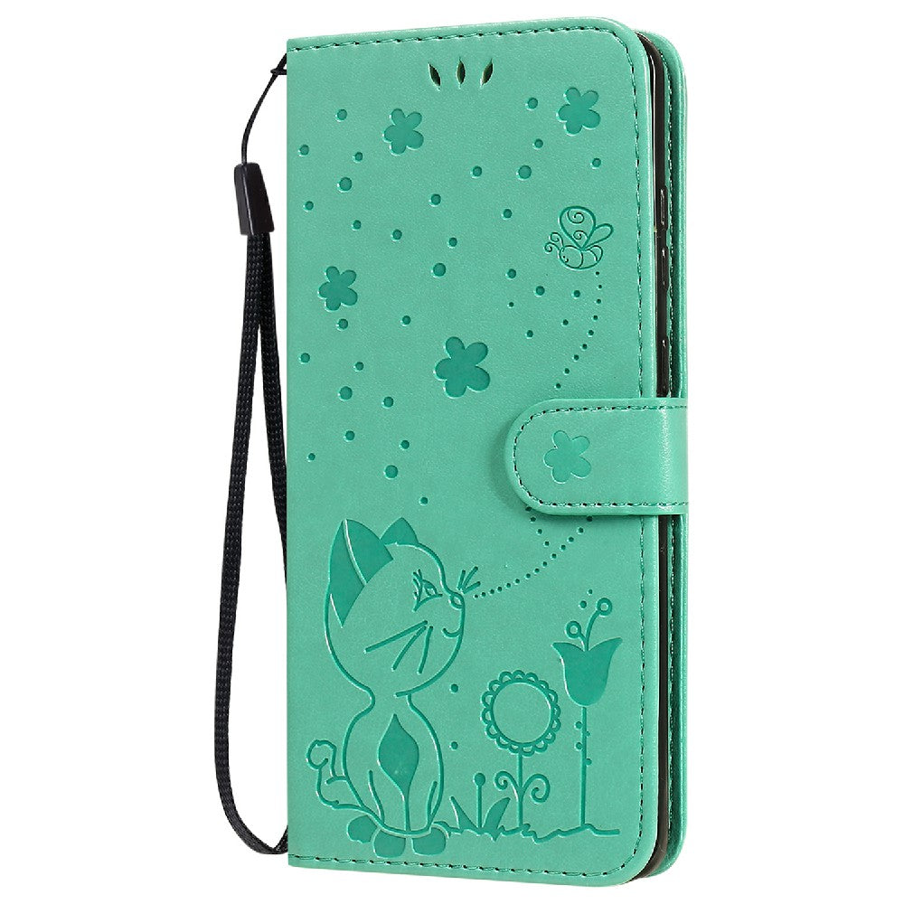 KT Imprinting Flower Series-4 Cat and Bee Pattern Imprinted Protective Cover Stand Wallet Leather Case for Samsung Galaxy S20 Plus 4G/5G - Green