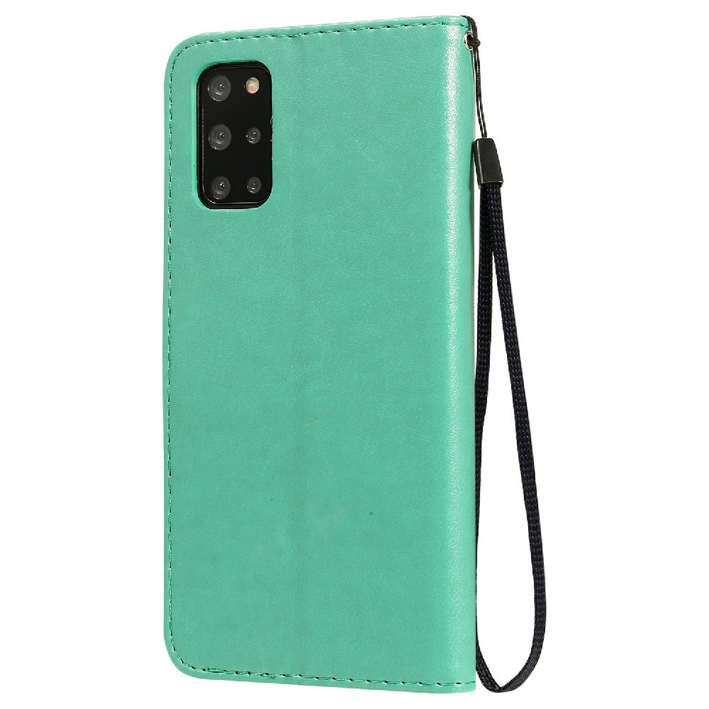 KT Imprinting Flower Series-4 Cat and Bee Pattern Imprinted Protective Cover Stand Wallet Leather Case for Samsung Galaxy S20 Plus 4G/5G - Green