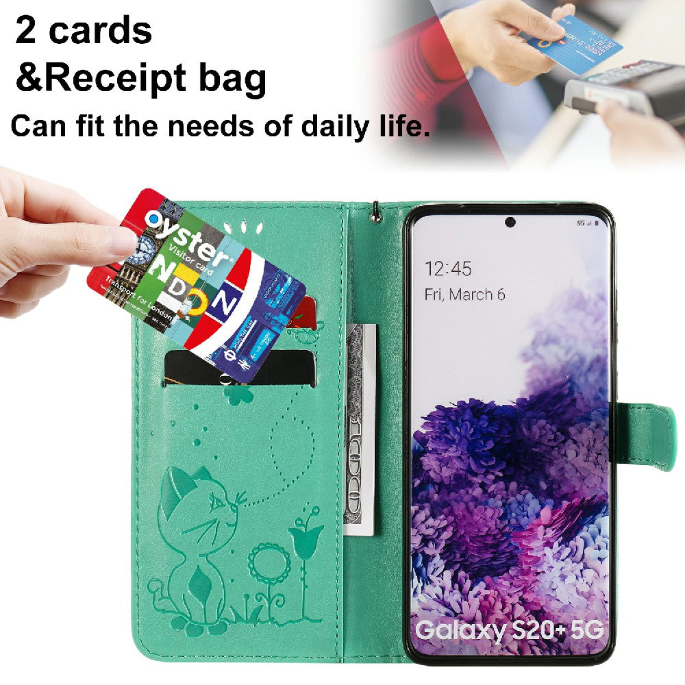 KT Imprinting Flower Series-4 Cat and Bee Pattern Imprinted Protective Cover Stand Wallet Leather Case for Samsung Galaxy S20 Plus 4G/5G - Green