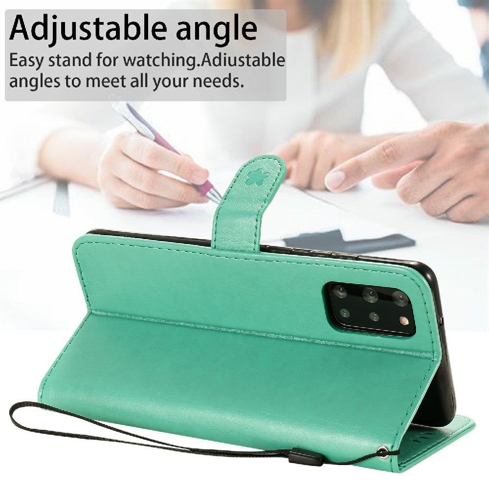 KT Imprinting Flower Series-4 Cat and Bee Pattern Imprinted Protective Cover Stand Wallet Leather Case for Samsung Galaxy S20 Plus 4G/5G - Green