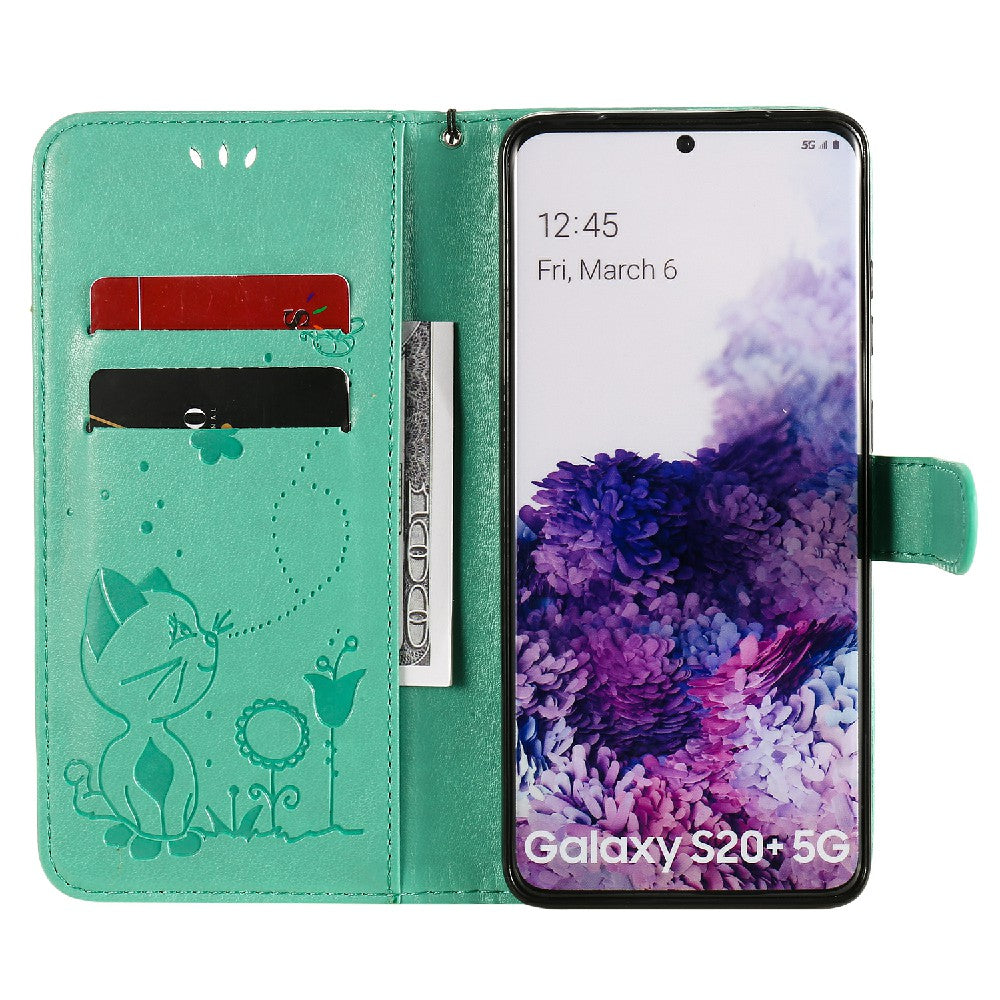 KT Imprinting Flower Series-4 Cat and Bee Pattern Imprinted Protective Cover Stand Wallet Leather Case for Samsung Galaxy S20 Plus 4G/5G - Green