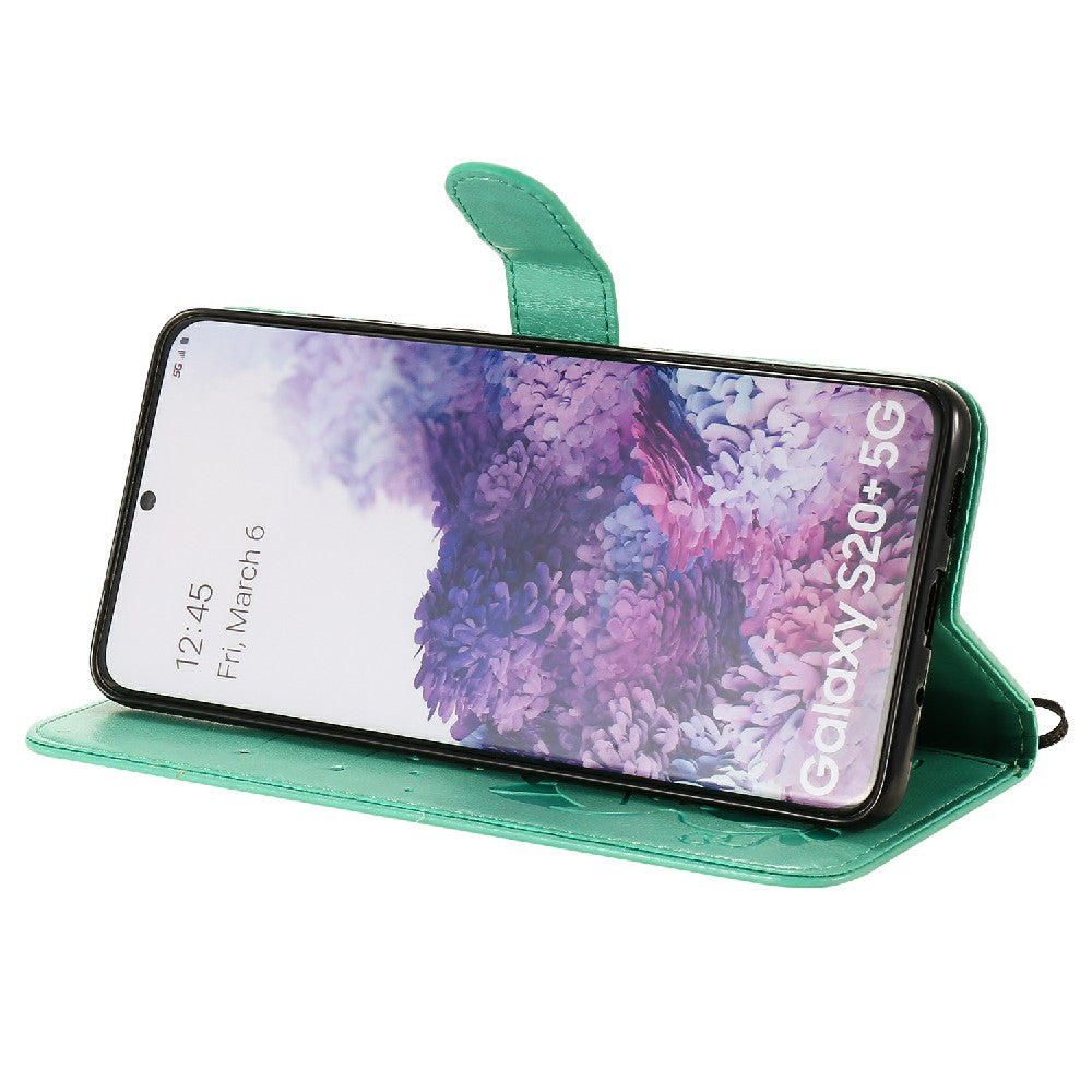 KT Imprinting Flower Series-4 Cat and Bee Pattern Imprinted Protective Cover Stand Wallet Leather Case for Samsung Galaxy S20 Plus 4G/5G - Green