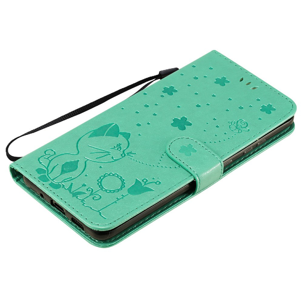 KT Imprinting Flower Series-4 Cat and Bee Pattern Imprinted Protective Cover Stand Wallet Leather Case for Samsung Galaxy S20 Plus 4G/5G - Green