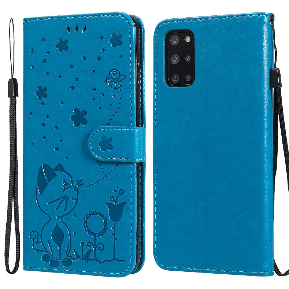 KT Imprinting Flower Series-4 Cat and Bee Pattern Imprinted Protective Cover Stand Wallet Leather Case for Samsung Galaxy S20 Plus 4G/5G - Blue
