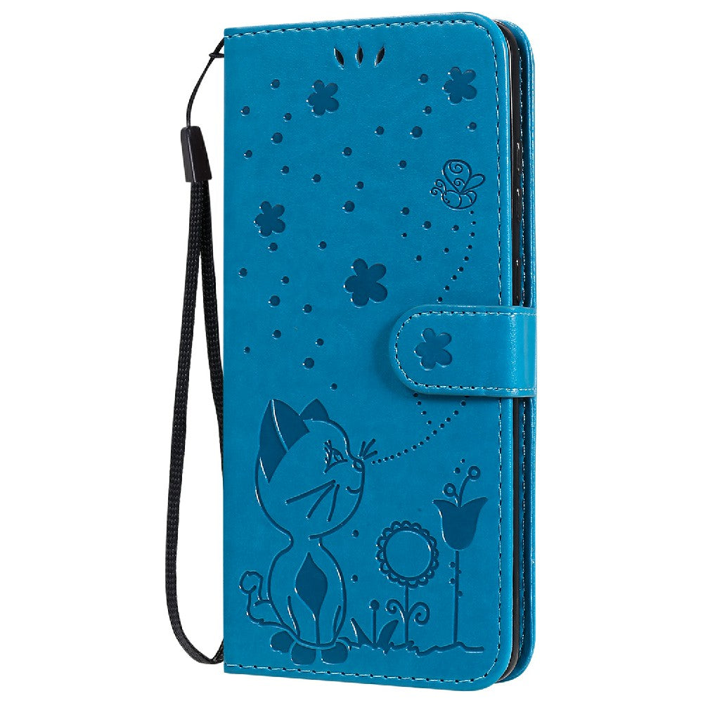 KT Imprinting Flower Series-4 Cat and Bee Pattern Imprinted Protective Cover Stand Wallet Leather Case for Samsung Galaxy S20 Plus 4G/5G - Blue